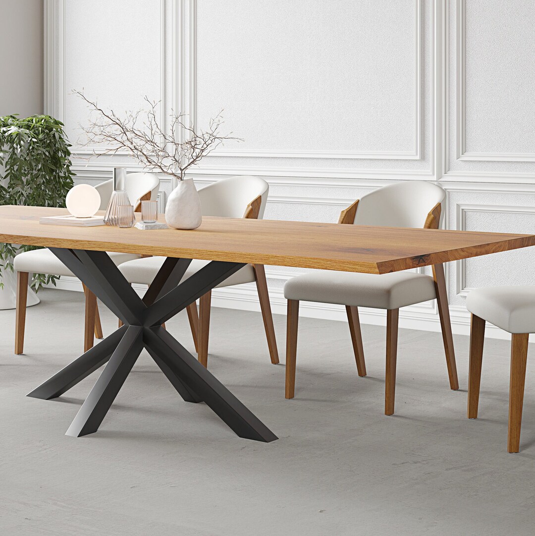 Straight Edge Solid Oak Dining Table Crossover Frame Legs Industrial