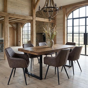 Grantham SQ Dining Table Natural Thick Rustic Wood SQ Industrial Steel Legs Handmade Characteristic of the Countryside.