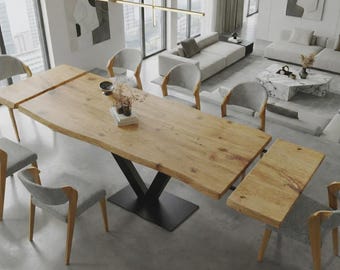 Firsby V Base Live Edge Extendable 2 Sides Dining Table Kitchen Industrial Rustic Wood, V  Steel Base