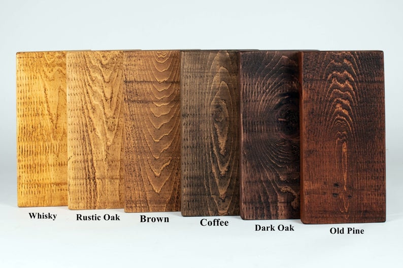 May include: Six wood samples stained in different colors: Whisky, Rustic Oak, Brown, Coffee, Dark Oak, and Old Pine.