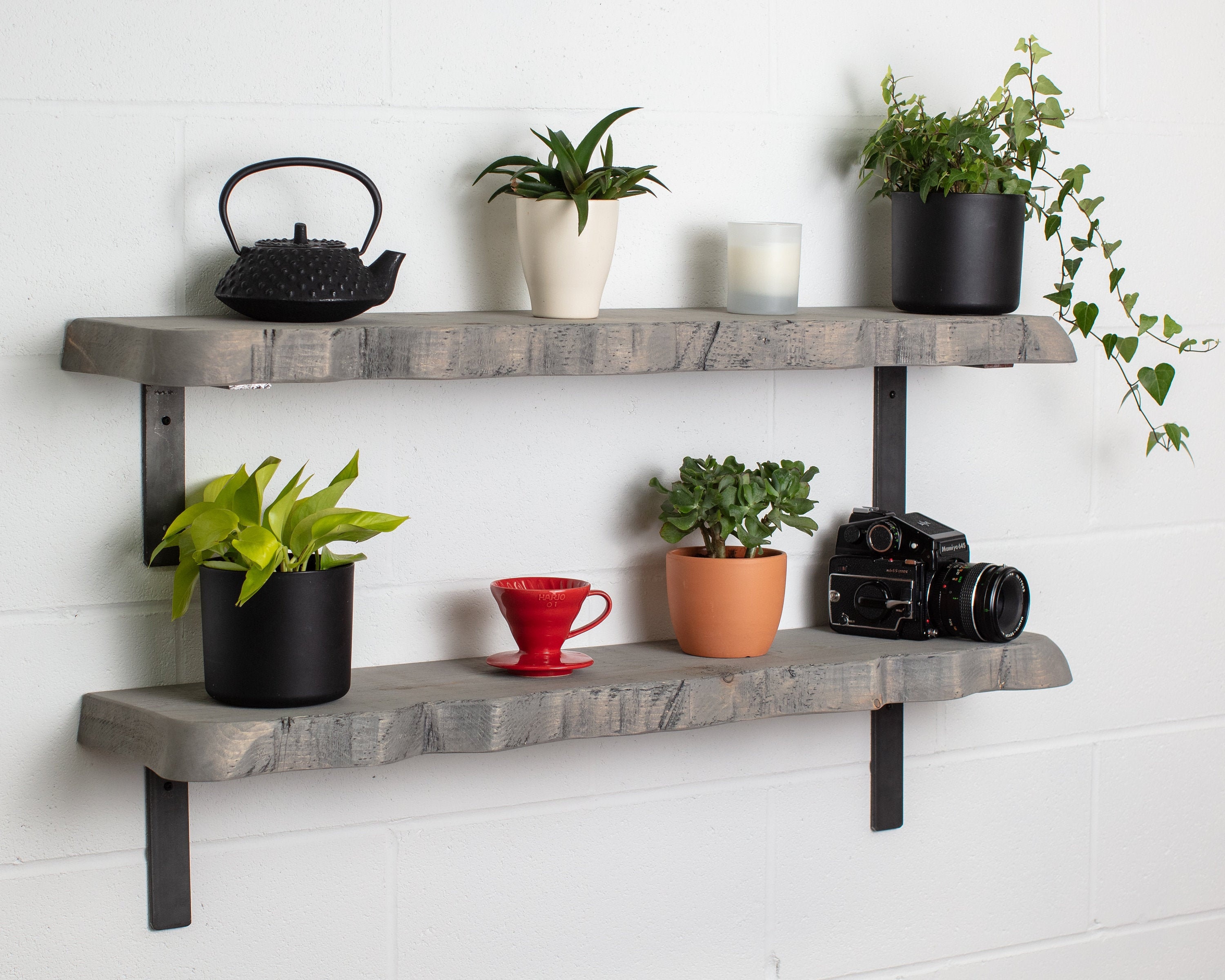 Grey Live Edge Round Corners Shelf Handmade Solid Wood & Industrial ...