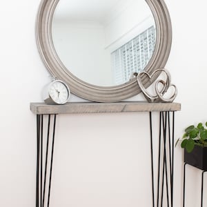 Grijze rustieke houten consoletafel met 4 poten en haarspeldpoten, rustieke gangtafel met 4 poten diepte: 23 cm