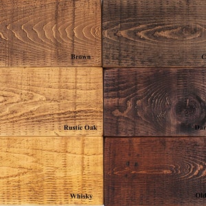 May include: Wood stain color samples in six different shades: Brown, Coffee, Rustic Oak, Dark Oak, Whisky, and Old Pine.