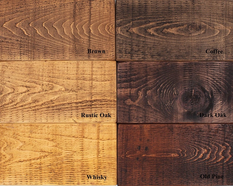 May include: Wood stain color samples in six different shades: Brown, Coffee, Rustic Oak, Dark Oak, Whisky, and Old Pine.