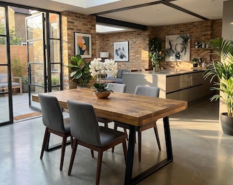 Grantham TRAPEZIUM Dining Table Natural Thick Rustic Wood TP Industrial Steel Legs Handmade Characteristic of the Countryside.