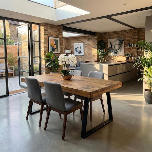 Grantham TRAPEZIUM Dining Table Natural Thick Rustic Wood TP Industrial Steel Legs Handmade Characteristic of the Countryside.