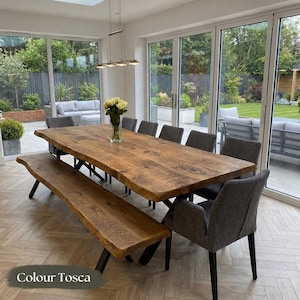 Firsby XF Rustic Solid Oak Live Edge Dining Table, Industrial X Frame Steel Legs