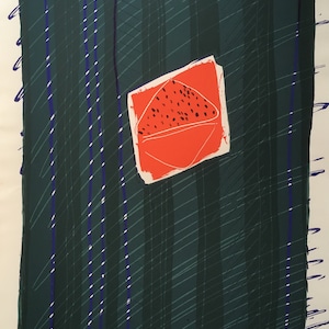 May include: A red and black abstract print with a geometric design on a dark green background.