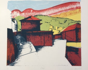 May include: A colorful abstract print of a cityscape with red, yellow, and green buildings against a blue and red sky. The print is titled "L'eglise" and signed "Jean Dubuffet".