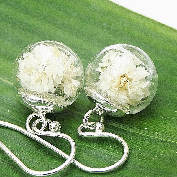Gypsophila earrings silver 925 ivory, bridal jewelry with real flowers in boho style, optionally with real dark green moss