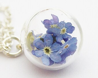 Véritable myosotis collier fleur pendentif mariée bijoux de mariée mariage boho demoiselle d'honneur cadeau d'adieu cadeau d'adieu bleu argent