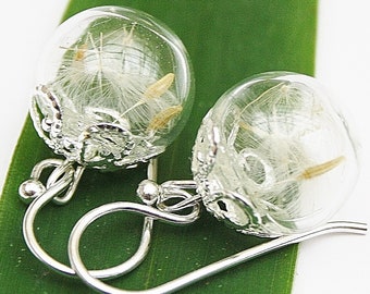 Real Dandelion Earrings Silver Wedding Wedding Jewelry, Glass Balls Filled with Real Plants and Flowers, Boho Style