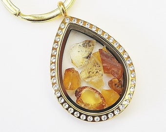 Amber Amulet / Medallion Drop Stainless Steel Gold Plated, Opulent Necklace or Keychain for Women, Content Is Interchangeable