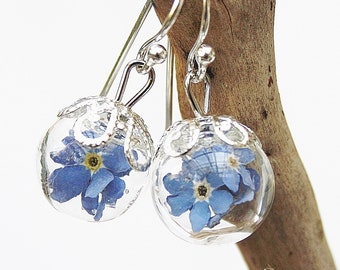 Vraies boucles d’oreilles Forget-Me-Not Bleu Mariage Argent Mariée Bijoux De mariée Fleurs Bijoux Bohostyle Behemian Style Verre Perles Boucles d’oreilles