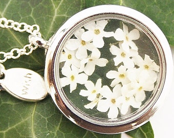 Véritable médaillon myosotis chaîne pendentif argent blanc lettre de souhait boho bohosyle cadeau d'adieu amulette mémoire d'adieu