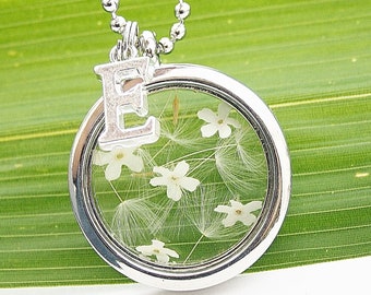 Forget-me-not & dandelion medallion necklace pendant with real flowers, length can be shortened individually, interchangeable jewelry, flowers interchangeable