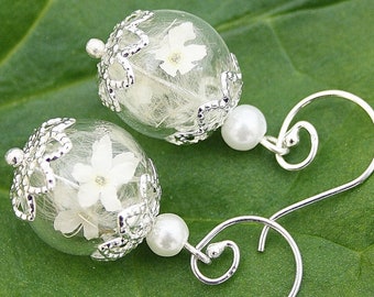 Ohrringe mit Vergissmeinnicht & Pusteblume Braut Silber Brautschmuck boho bohostyle weiß ivory Dandelion realflowers Blütenschmuck Hochzeit