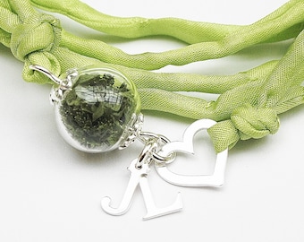 Bracelet wrap en persil véritable, cadeau anniversaire de mariage, argent 925 pure soie, vert personnalisable avec initiales,