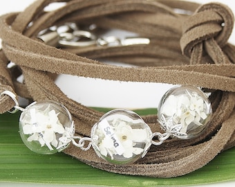 Freundschaftsarmband Vergissmeinnicht Leder weiß beige boho bohostyle Armband Wickelarmband Blütenschmuck Abschiedsgeschenk Frau Freundin