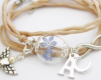 Bracelet wrap myosotis marraine bracelet soie bijoux infini beige ange confirmation religieuse communion fleurs bleues coeur