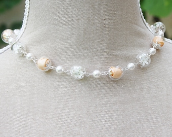 Set Rückenkette Ohrstecker Armband Rose Vergissmeinnicht peach ivory Brautschmuck Hochzeitsschmuck Schmuck Blüten Boho Perlen Kette Rücken