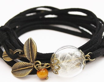 Echte Pusteblume Wickelarmband Herbst Armband Schmuck Blätter Blatt Indian summer Tigerauge schwarz Dandelion bronze boho Geschenk Natur