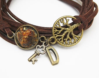 Amber wrap armband met boom van het leven sleutel en slot, aanpasbaar met initialen, bruin brons, unisex sieraden