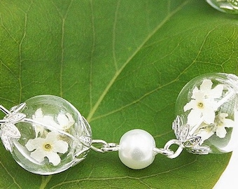 Echte Vergissmeinnicht Hochzeit Brautschmuck Glasperlenarmband weiß Armband Perlen Perlenarmband Perlenschmuck Braut boho Blumen Blüten