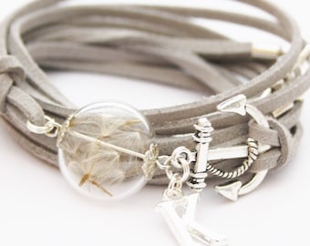 Véritable pissenlit wrap bracelet personnalisé bracelet ancre initiale lettre pendentif pissenlit bracelet boho fleur bijoux pissenlit