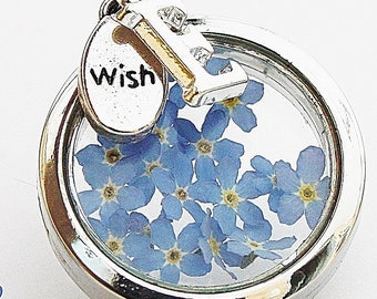 Echte Vergissmeinnicht Medaillon Kette Initiale blau Medaillonkette Blütenschmuck Abschied Geschenk Anhänger silber Blumen boho Freundin