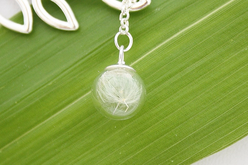Real Dandelion Necklace with Leaf Bridal Jewelry Dandelion Leaf Glass Ball Glass Jewelry Gift Girlfriend Wishes Dandelion boho bohostyle image 3
