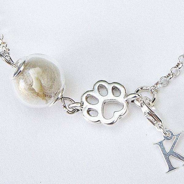 Tierhaar Armband zur Erinnerung an Hund, Katze mit Pfotenabdruck, Gliederkettchen Silber, Geschenk für Mutter Frau Freundin, Andenkenschmuck