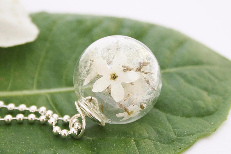 Pusteblume & Vergissmeinnicht 999,9 925er Silber Dandelion Anhänger Kette Brautschmuck Boho Bohostyle weiß ivory Blütenschmuck Glasanhänger Bild 1