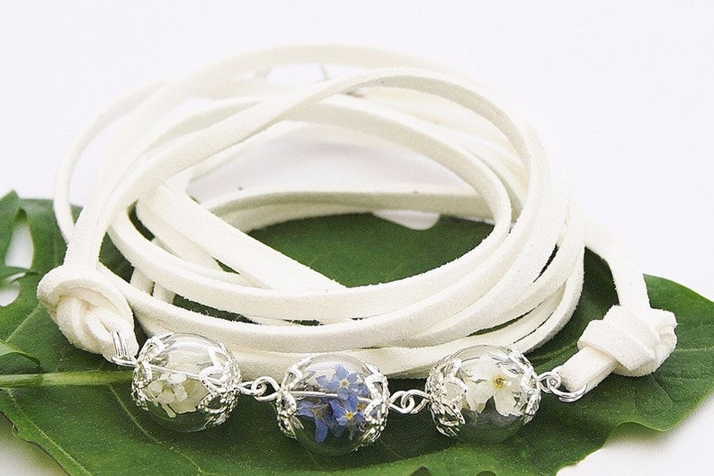 Genuine forget-me-not white & blue wrap bracelet bracelet jewelry floral jewelry bridal jewelry bridal floral farewell gift farewell necklace image 1