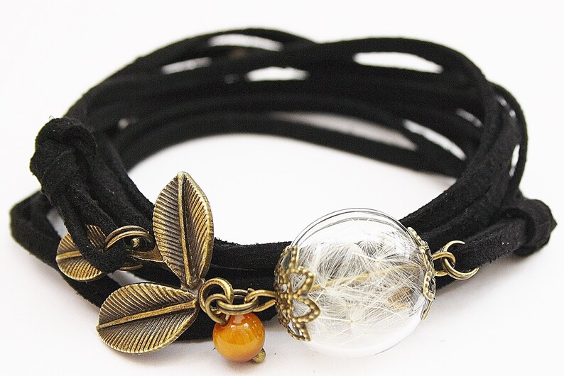 Echte Pusteblume Wickelarmband Herbst Armband Schmuck Blätter Blatt Indian summer Tigerauge schwarz Dandelion bronze boho Geschenk Natur Bild 1