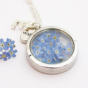 Real forget-me-not medallion necklace initial blue medallion necklace flower jewelry farewell gift pendant silver flowers boho girlfriend image 3