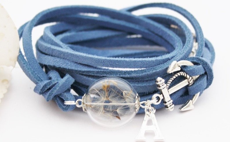 Real dandelion wrap bracelet personalized bracelet anchor initial letter pendant dandelion bracelet boho flower jewelry dandelion image 5
