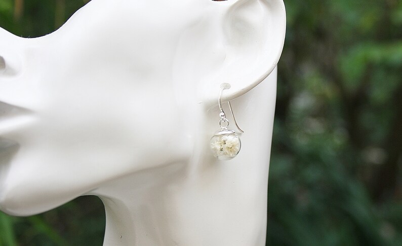Schleierkraut Ohrringe Silber 925 ivory , Brautschmuck mit echten Blumen im Boho Style, wahlweise mit echtem dunkelgrünen Moos Bild 6