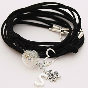 Glück Pusteblumen Wickelarmband Glücksbringer Armband Glücksarmband schwarz Kleeblatt Buchstabe silber Geschenk Freundin Umzug Genesung Bild 2