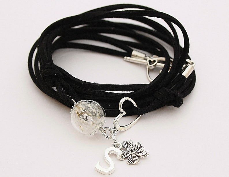 Glück Pusteblumen Wickelarmband Glücksbringer Armband Glücksarmband schwarz Kleeblatt Buchstabe silber Geschenk Freundin Umzug Genesung Bild 2