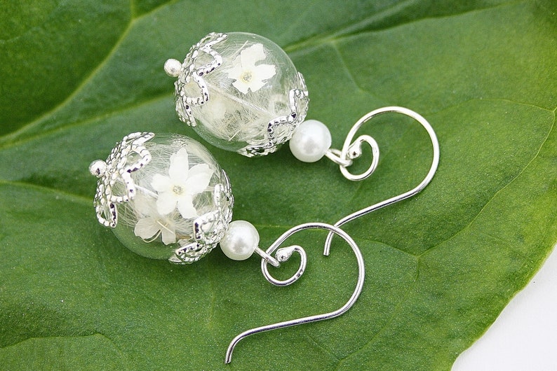 Ohrringe mit Vergissmeinnicht & Pusteblume Braut Silber Brautschmuck boho bohostyle weiß ivory Dandelion realflowers Blütenschmuck Hochzeit Bild 1