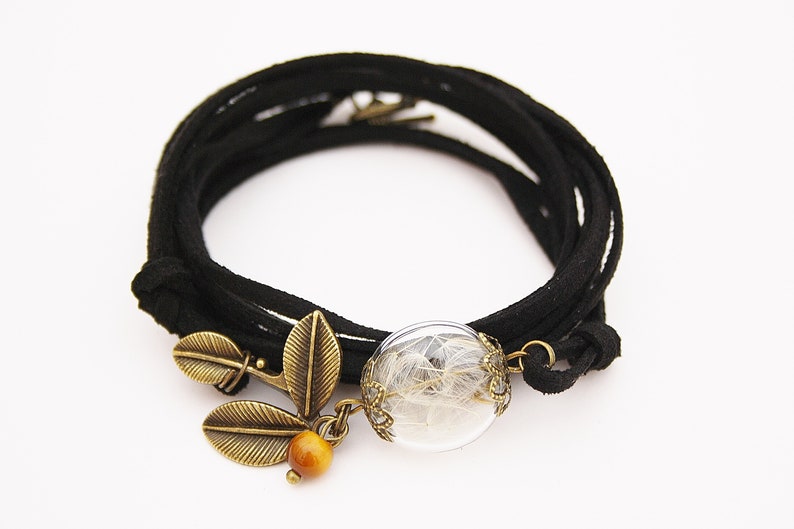 Echte Pusteblume Wickelarmband Herbst Armband Schmuck Blätter Blatt Indian summer Tigerauge schwarz Dandelion bronze boho Geschenk Natur Bild 3