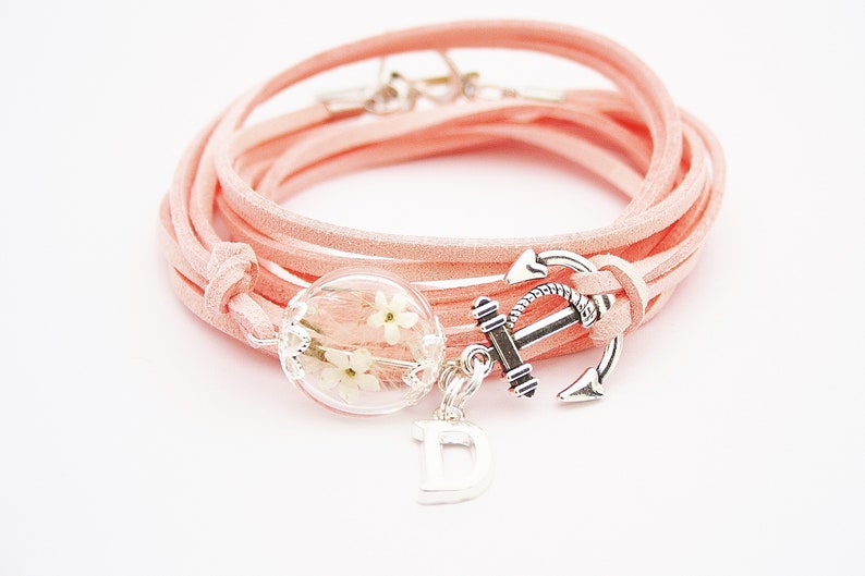 Echte Pusteblume & Vergissmeinnicht Wickelarmband Armband rosa Blütenschmuck Abschied maritim Anker Ankerarmband Buchstabe boho bohostyle Bild 2