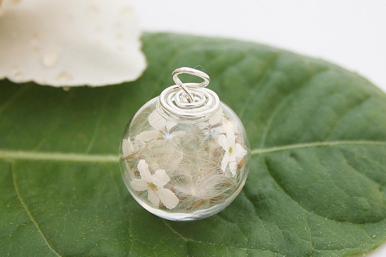 Pusteblume & Vergissmeinnicht 999,9 925er Silber Dandelion Anhänger Kette Brautschmuck Boho Bohostyle weiß ivory Blütenschmuck Glasanhänger Bild 3