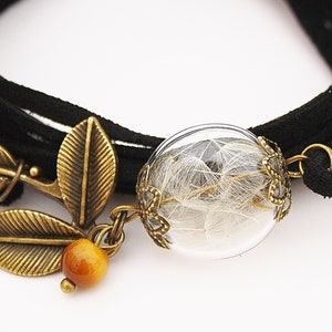 Echte Pusteblume Wickelarmband Herbst Armband Schmuck Blätter Blatt Indian summer Tigerauge schwarz Dandelion bronze boho Geschenk Natur Bild 2