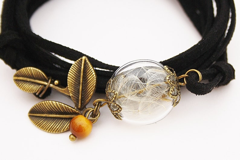 Echte Pusteblume Wickelarmband Herbst Armband Schmuck Blätter Blatt Indian summer Tigerauge schwarz Dandelion bronze boho Geschenk Natur Bild 2