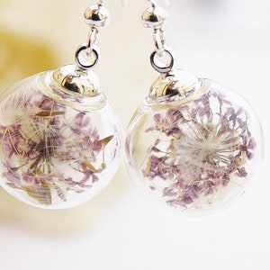 Real Dandelion & Dill Flower Earrings 925 Silver Boho Bridal Jewelry Flower Jewelry realflowers Dandelion bohostyle Glass Earrings purple