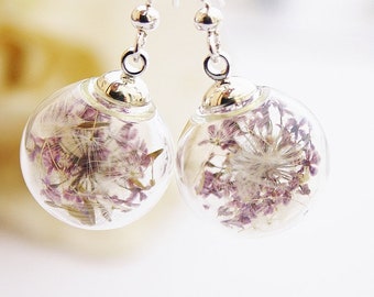 Real Dandelion & Dill Flower Boucles d’oreilles 925 Silver Boho Bijoux de mariée Fleurs Bijoux realflowers Pissenlit bohostyle Boucles d’oreilles en verre violet