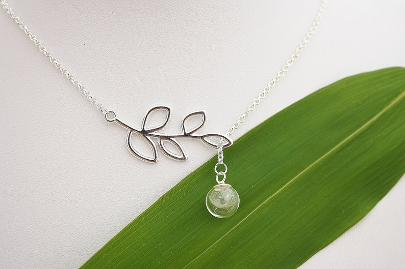 Real Dandelion Necklace with Leaf Bridal Jewelry Dandelion Leaf Glass Ball Glass Jewelry Gift Girlfriend Wishes Dandelion boho bohostyle image 1