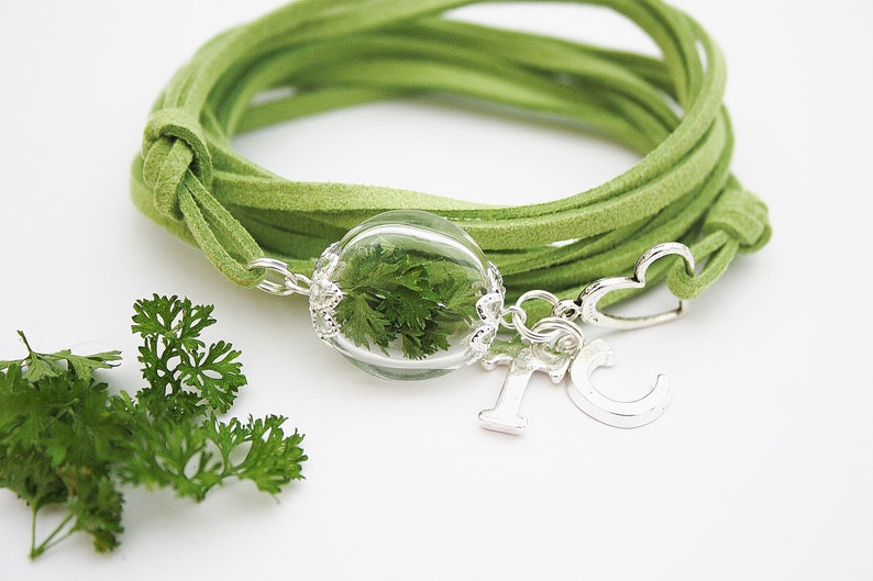 Véritable persil wrap bracelet persil cadeau de mariage vert anniversaire de mariage jeunes mariés amour coeur lettres initiales image 1